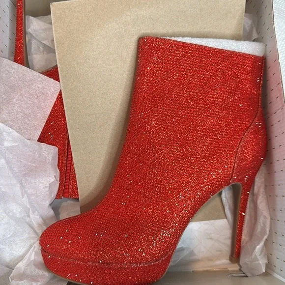 Thalia Sodi Women's Chiara Platform Dress Booties Red Lurex Glitter Ankle Boots - Picture 2 of 6